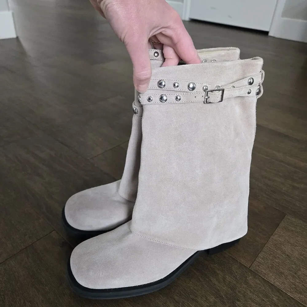 Free People Womens Beige Grey Scorpio Studded Foldover Boots Size 10 New